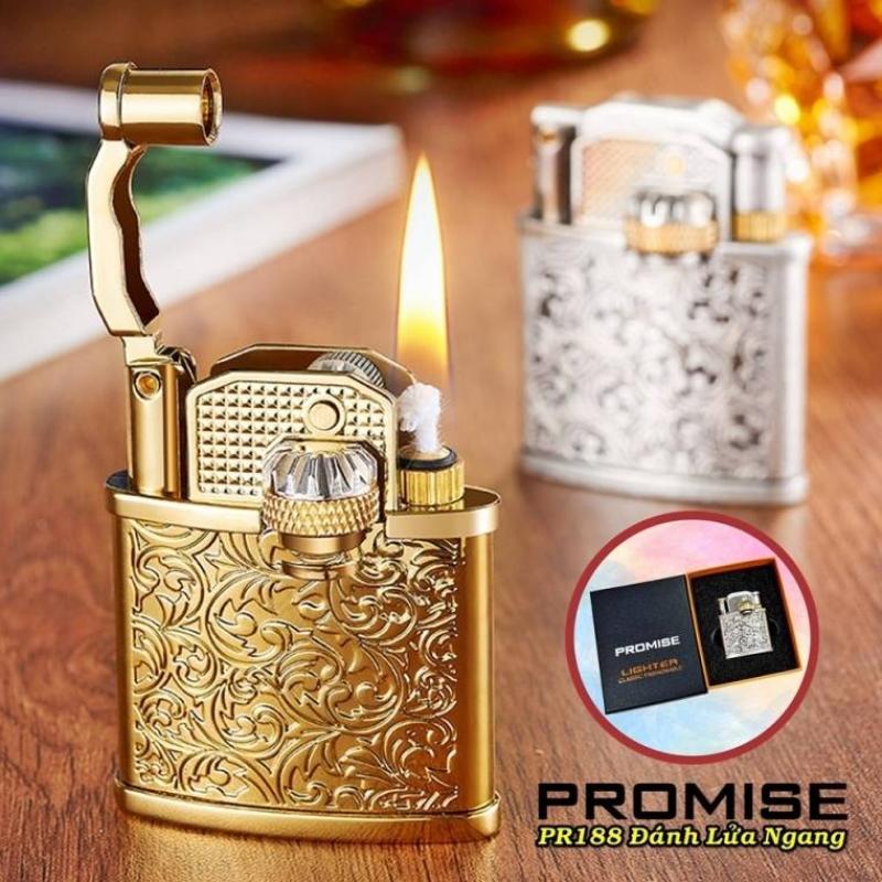 Bật lửa xăng đá Promise PR-188 đánh lửa ngang hình hoa văn fullbox