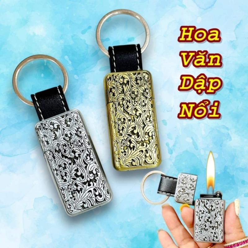 Bật lửa gas đá móc khóa hình hoa văn dập nổi