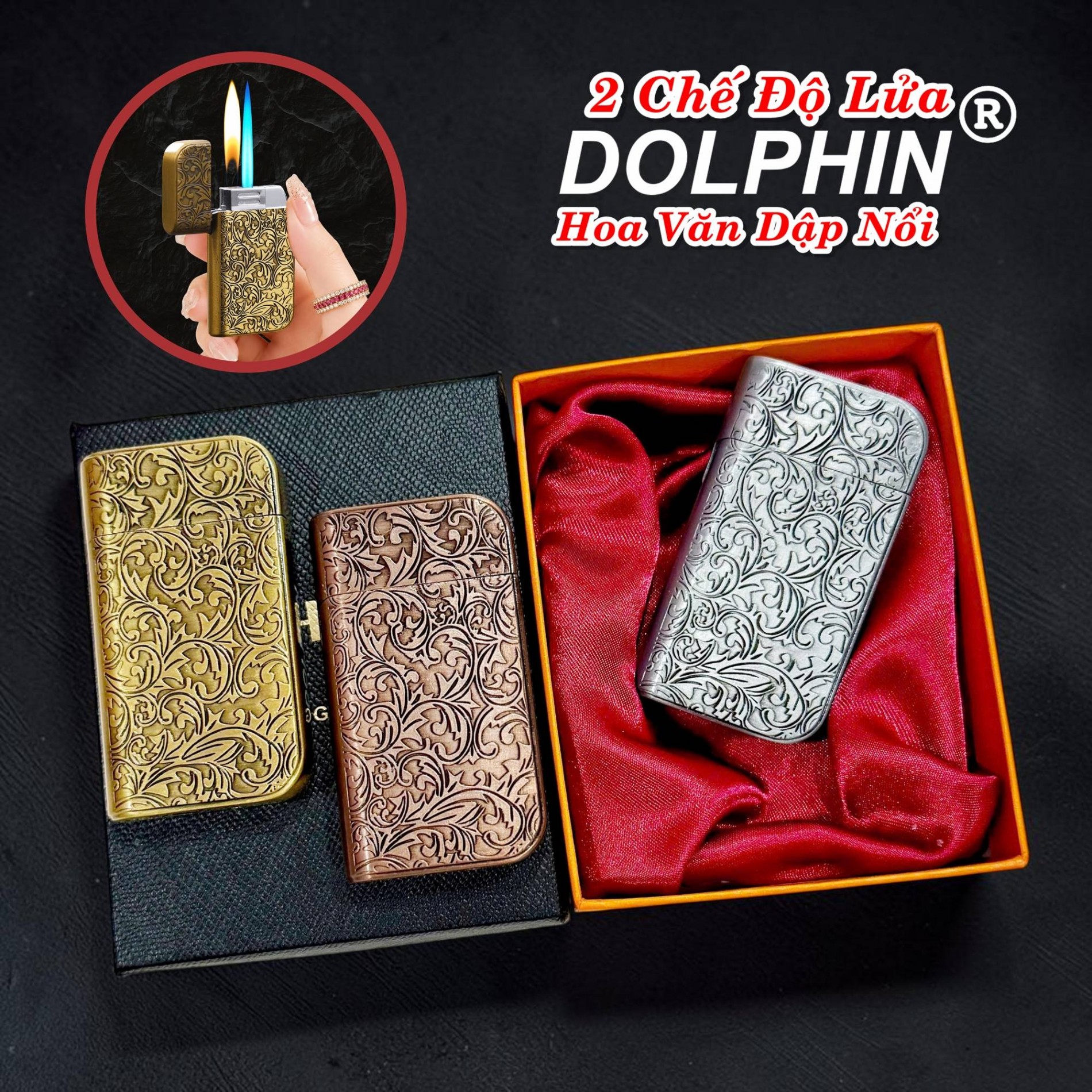 Bật lửa Dolphin 2 chế độ lửa hình hoa văn dập nổi có hộp gas