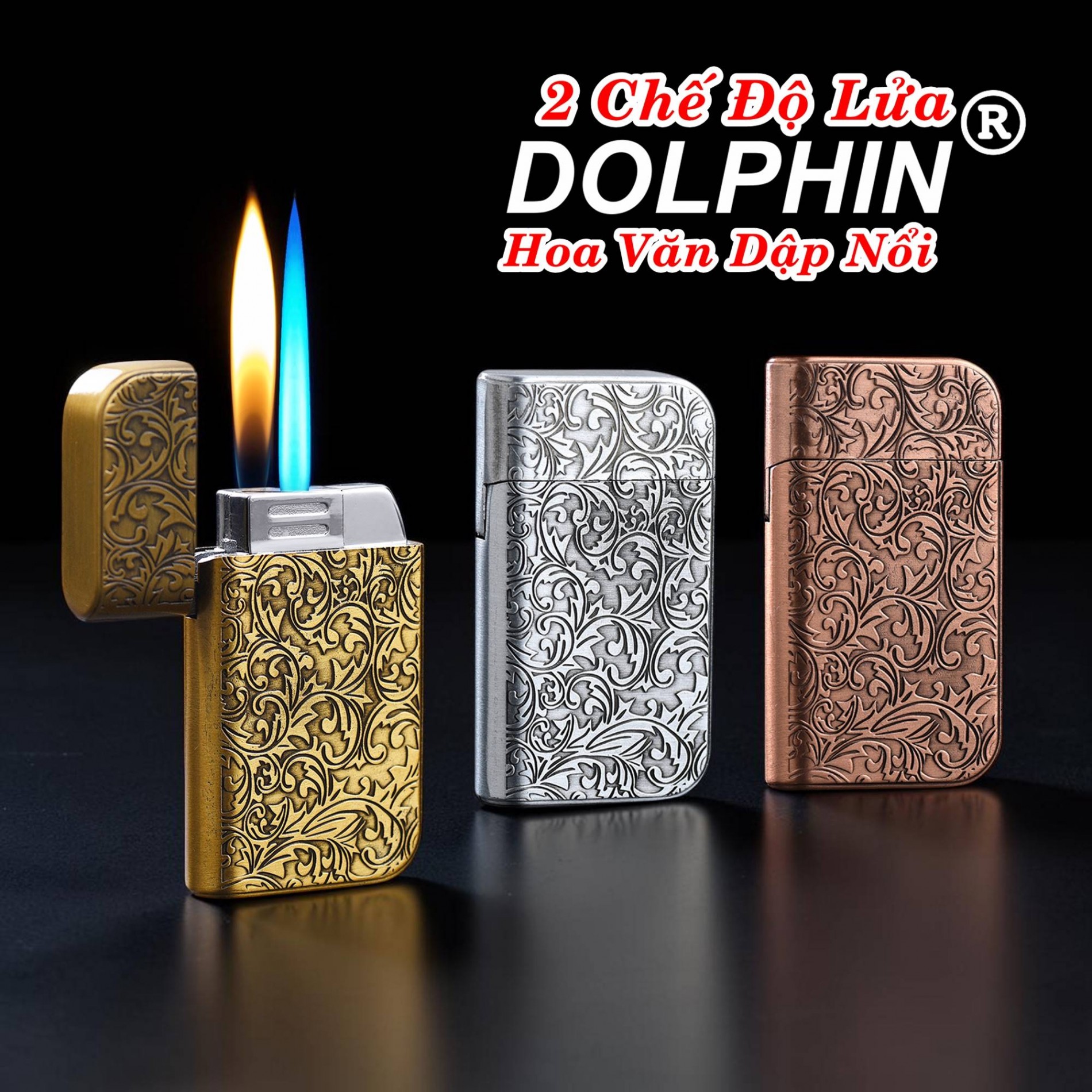 Bật lửa Dolphin 2 chế độ lửa hình hoa văn dập nổi có hộp gas