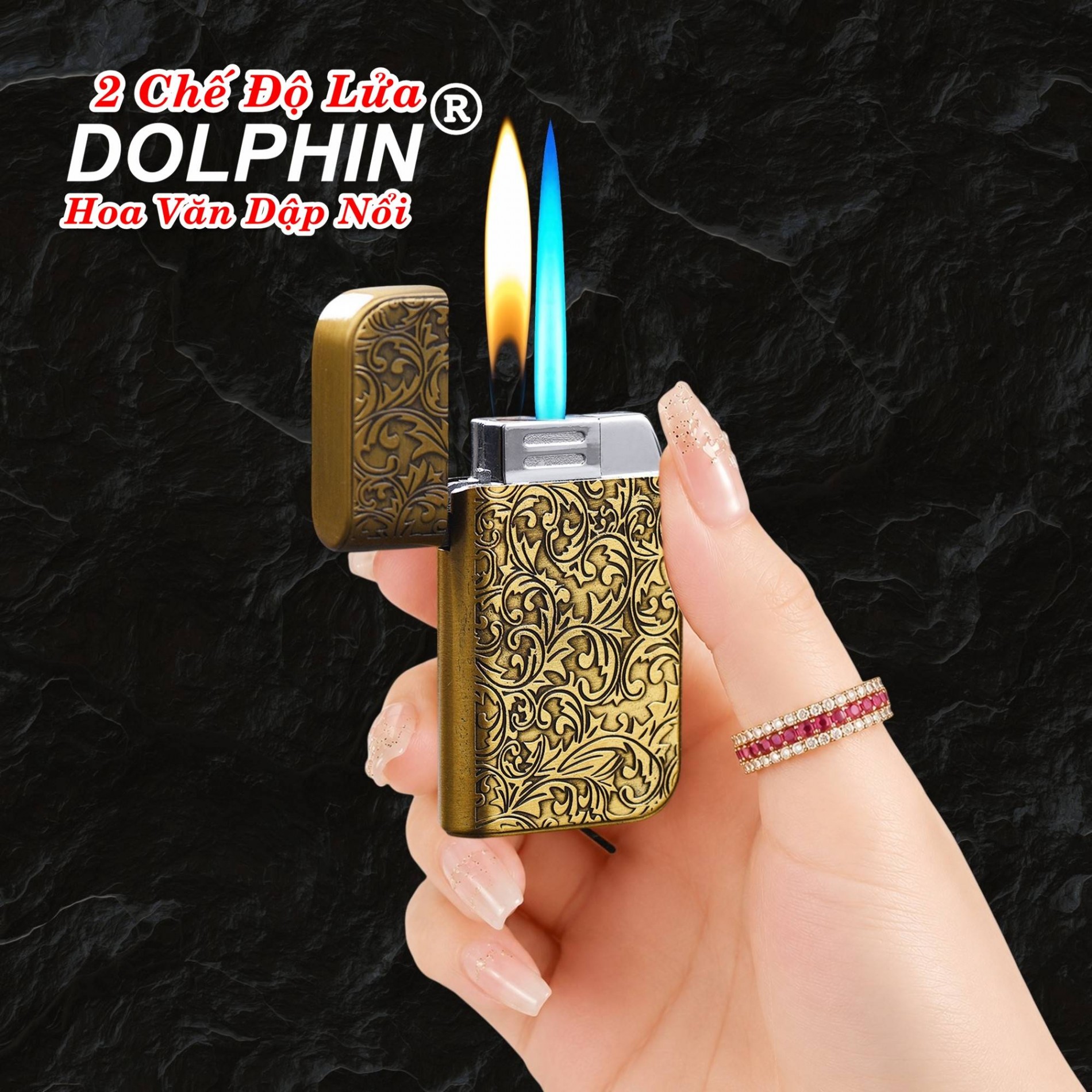 Bật lửa Dolphin 2 chế độ lửa hình hoa văn dập nổi có hộp gas