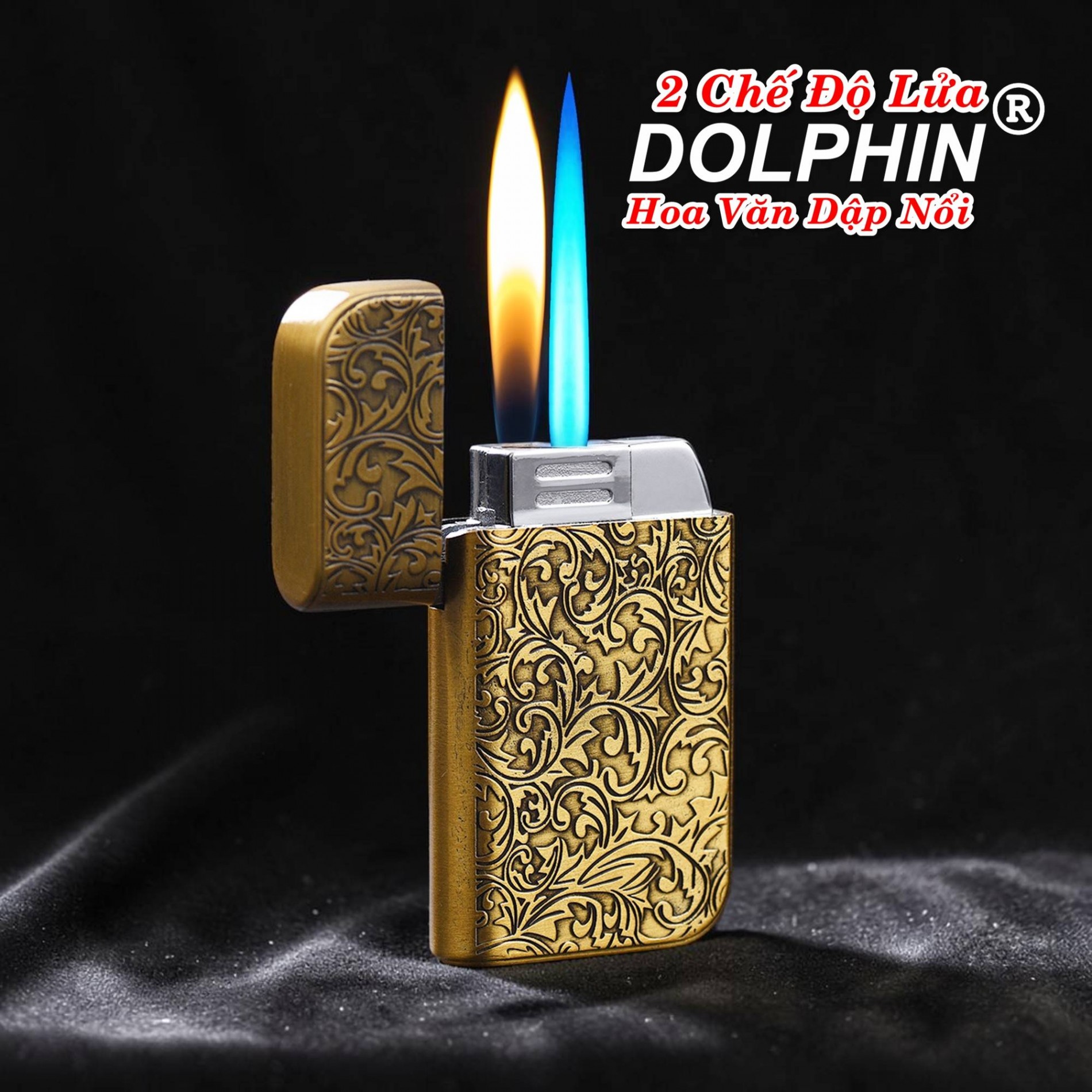 Bật lửa Dolphin 2 chế độ lửa hình hoa văn dập nổi có hộp gas