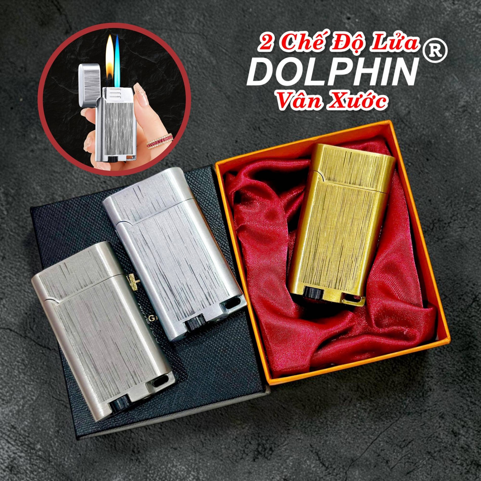 Bật lửa Dolphin 2 chế độ lửa vân xước có hộp gas