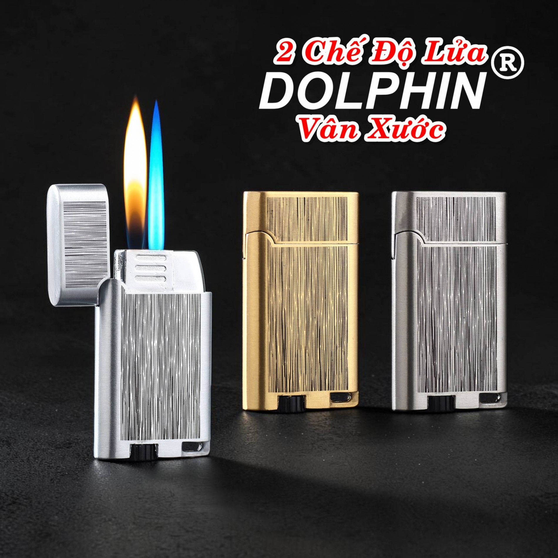 Bật lửa Dolphin 2 chế độ lửa vân xước có hộp gas
