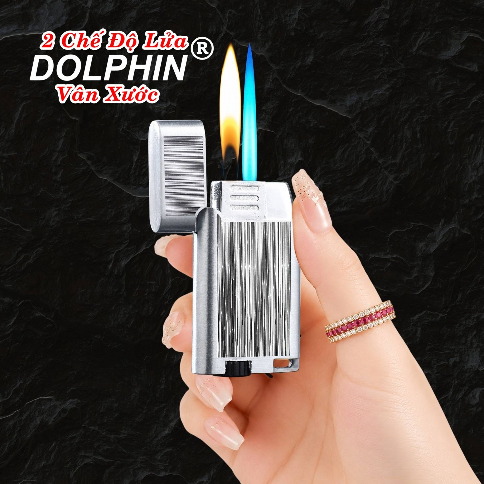 Bật lửa Dolphin 2 chế độ lửa vân xước có hộp gas