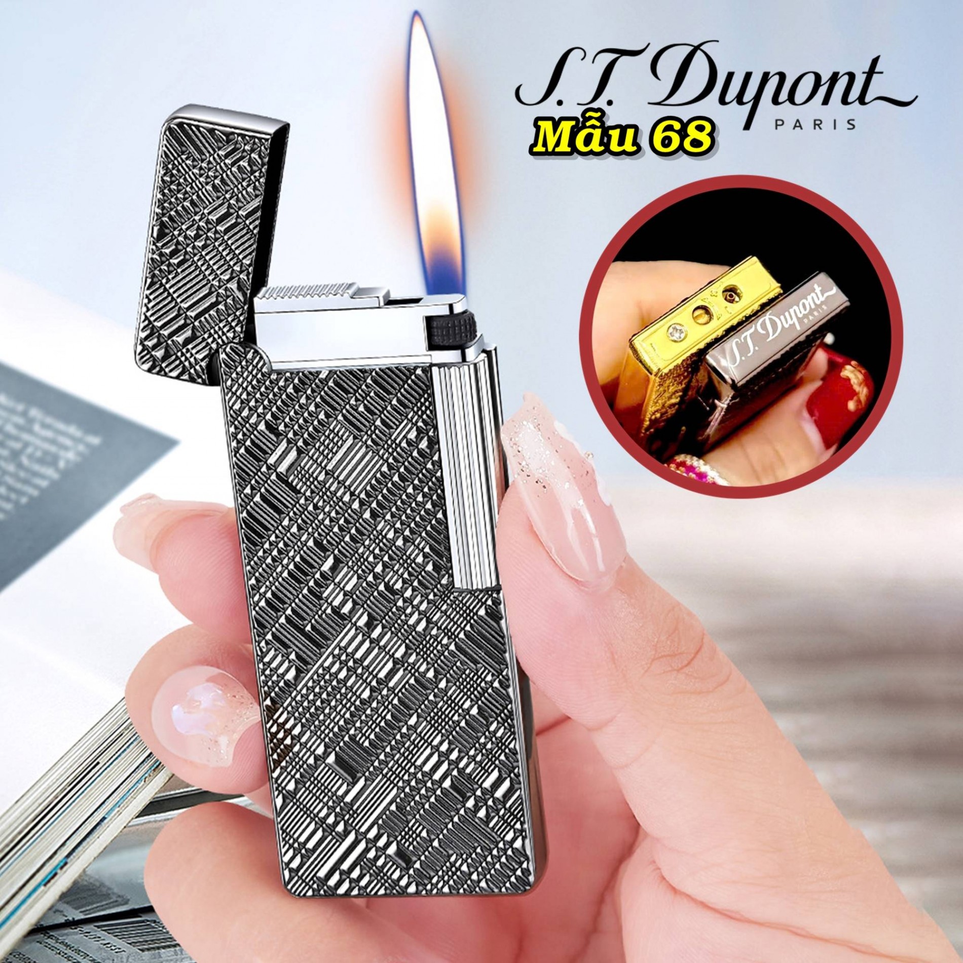 Bật lửa Dupont dài vân kim cương chéo M-68 có hộp xài gas