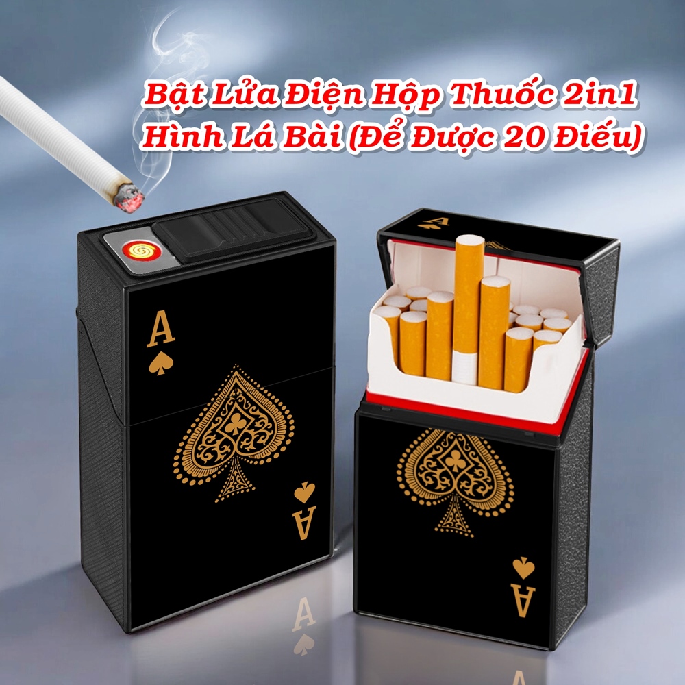 Bật lửa kiêm hộp thuốc hình lá bài đen để được 20 điếu thuốc sạc điện